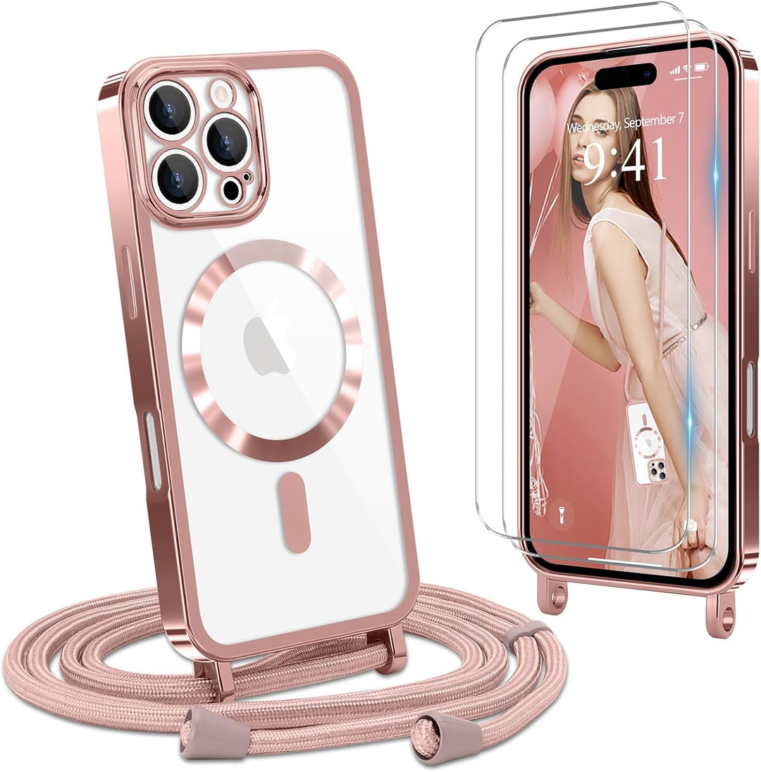 Handyband für iPhone 16 Pro Max Hülle mit Band + 2 Stück Glas Schutzfolie Transparent Silikon Handyh