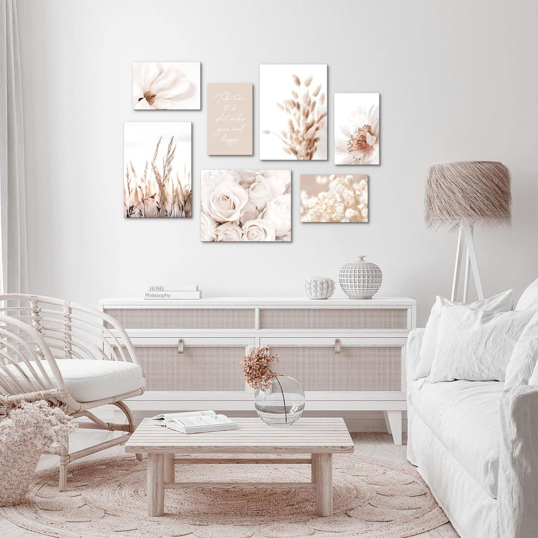 Novart Wandbilder Boho Blumen - KOMPLETT AUFHÄNGFERTIG - Beige Wohnzimmer Schlafzimmer- 7 Moderne Mo