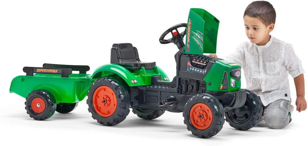 Falquet 2031AB Pedalen Supercharger rot mit Klapphaube und Anhänger Traktoren, grün, S, grün