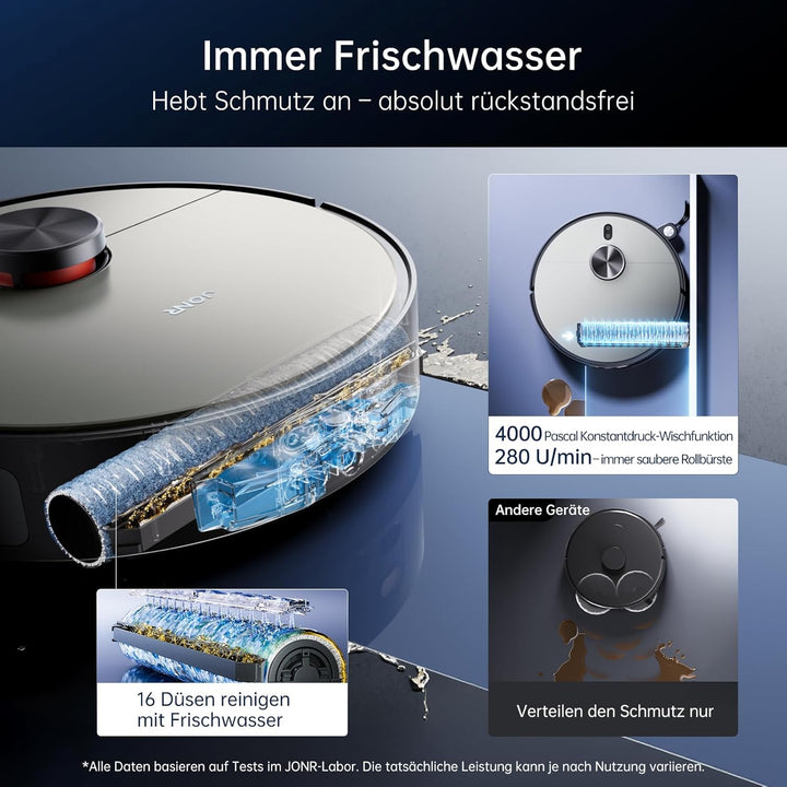 JONR 20000 Pa X9 PRO Roller Wischwalze Saugroboter mit Wischfunktion, Kontinuierlicher Frischwasser-