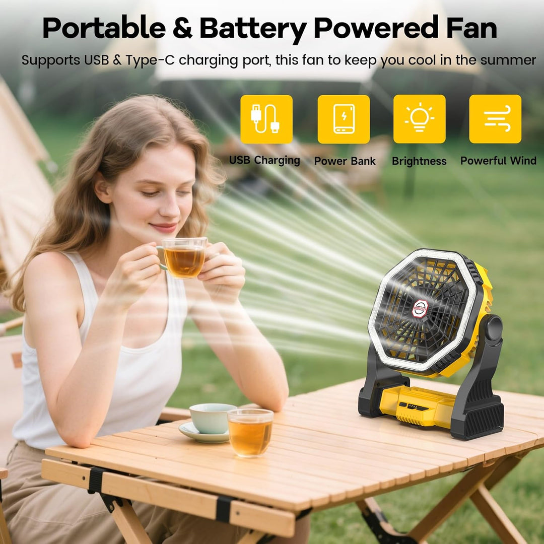 10000 mAh Wiederaufladbarer Campinglüfter Mit Licht, 4-Stufen Tischventilator mit Akku, Tragbarer US