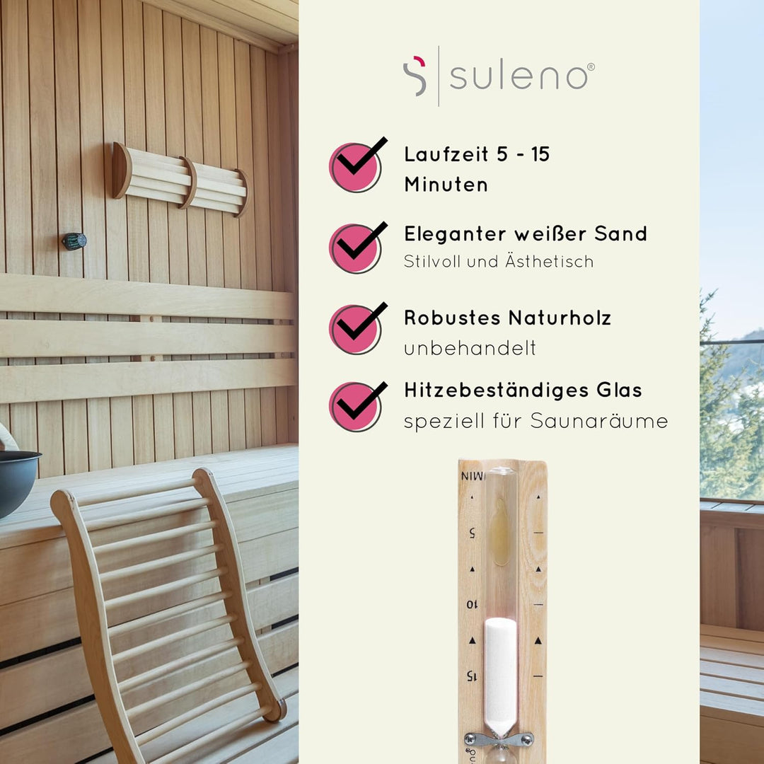 Suleno® Sauna Sanduhr 5-15 Minuten – Hitzebeständiger Zeitmesser aus Holz, Glaszylinder mit weissem