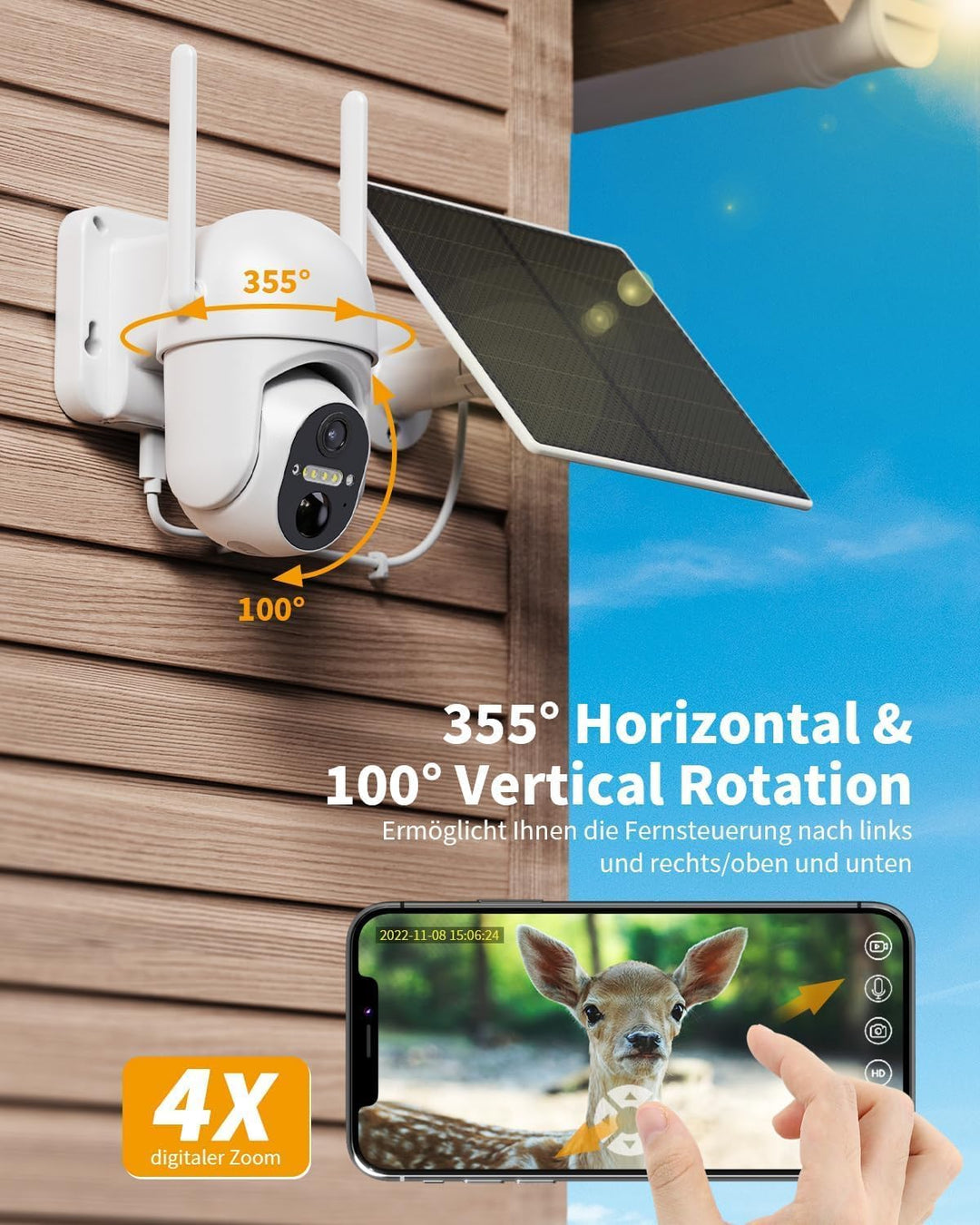 4G LTE Überwachungskamera Aussen Akku mit SIM Karte, 2K Kabellos Solar PTZ Kamera Ohne WLAN Outdoor,
