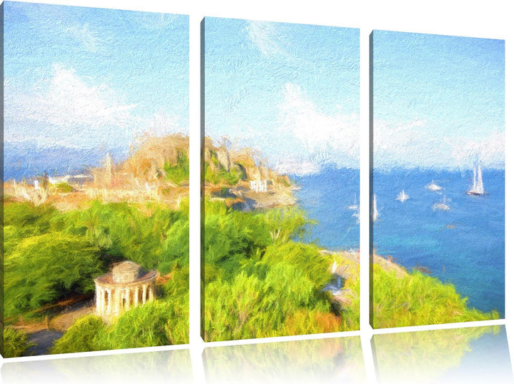 Pixxprint Griechische Insel Bunstift Effekt 3-Teiler Leinwandbild 120x80 Bild auf Leinwand