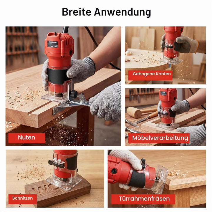 Oberfräse Trimmer 800W, 30000 U/min Einhandfräse Kantenfräse Holz Multifunktionsfräse, Handfräsmasch