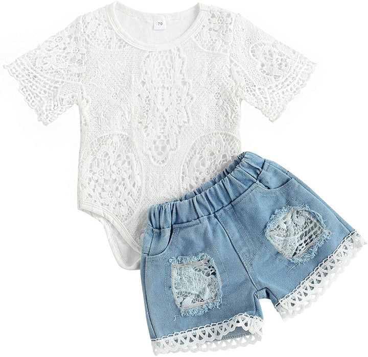Kleinkind Kleinkind Baby Mädchen Kleidung Bestickte Spitze Strampler Zerrissene Jeans Denim Hosen Ou