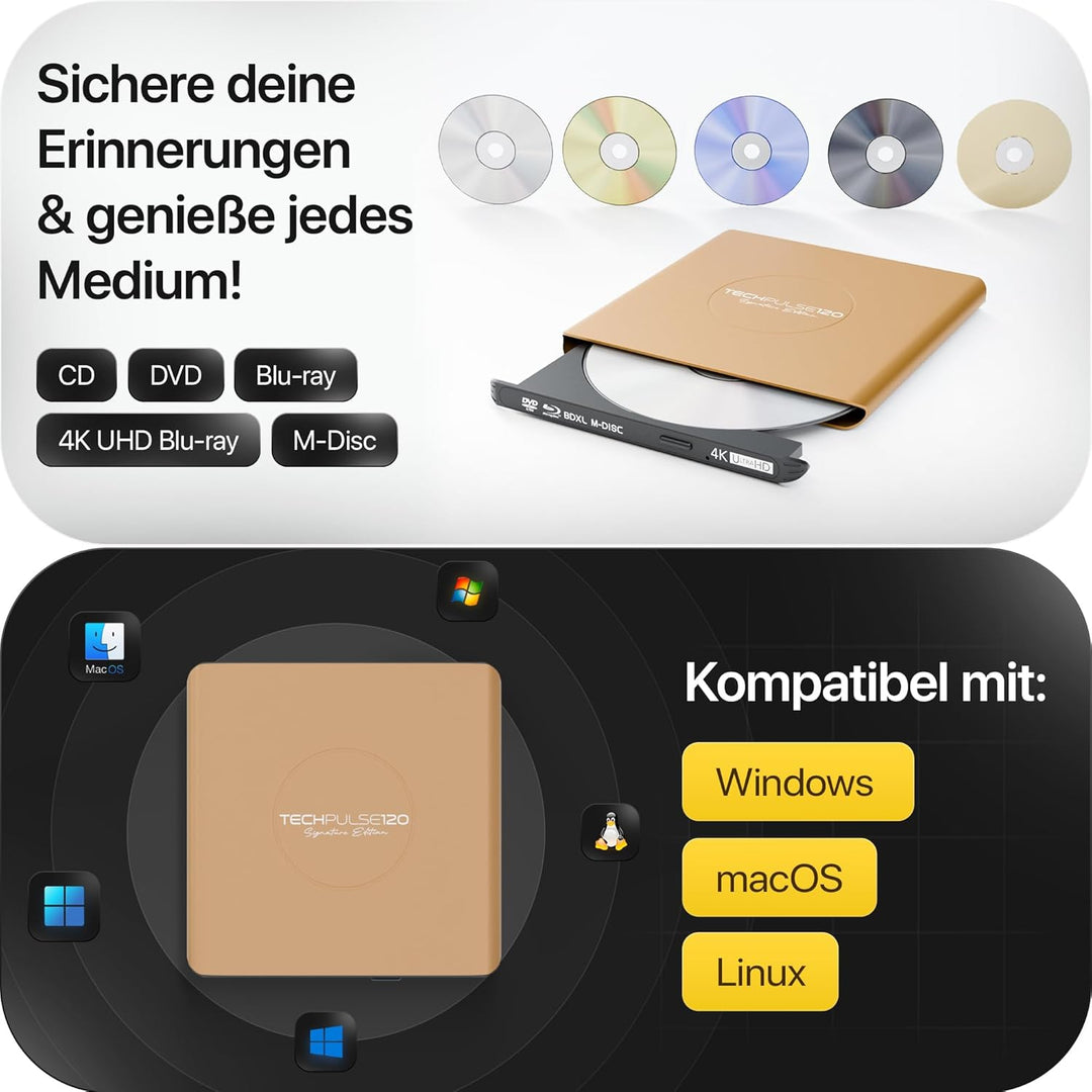 techPulse120 Externes UHD 4k 3D M-Disc BDXL USB 3.0 USB-C Laufwerk Blu-ray Brenner Burner Superdrive