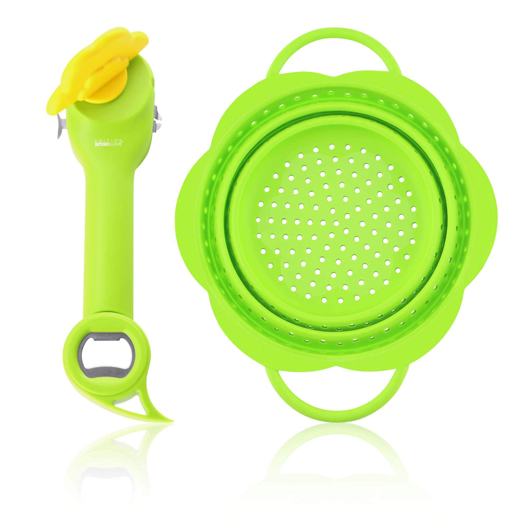 Kochblume Dosenöffner Set L | Dosenöffner, Faltsieb S | in der bunten Box (Limette)