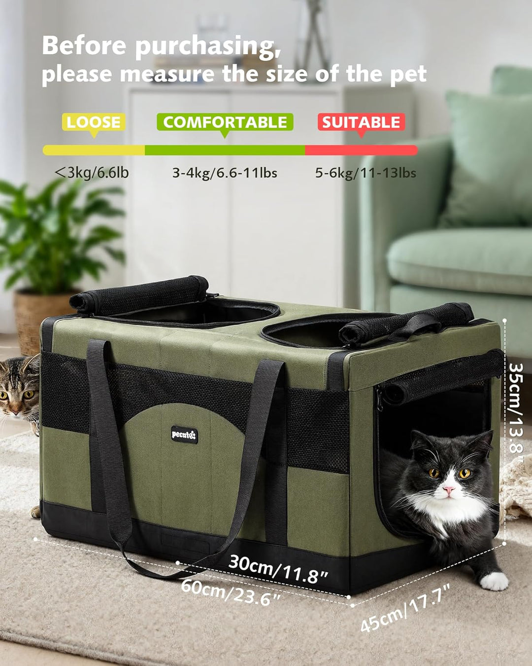 pecute Katzentransportbox für 2 Katzen Katzentasche Transporttasche Stabiler Haustier Tragetasche, T
