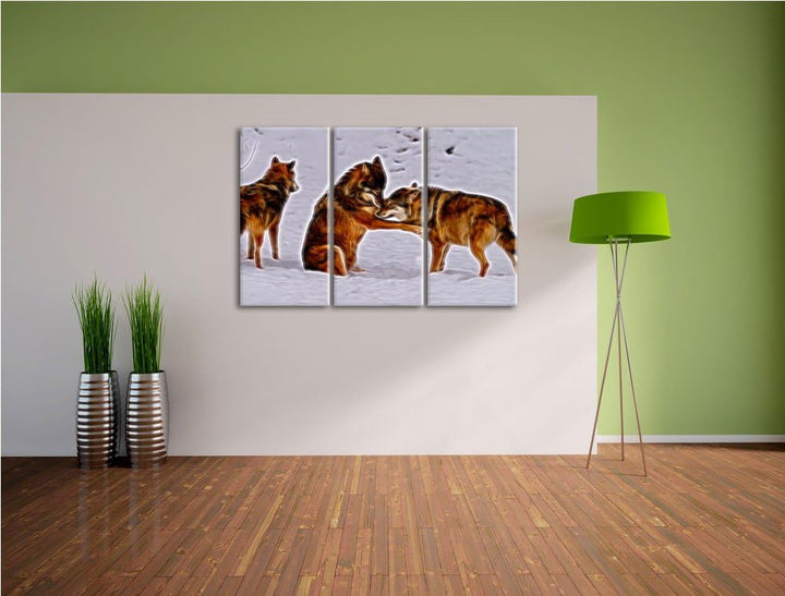spielendes Wolfsrudel Spezial 3-Teiler Leinwandbild 120x80 Bild auf Leinwand, XXL riesige Bilder fer