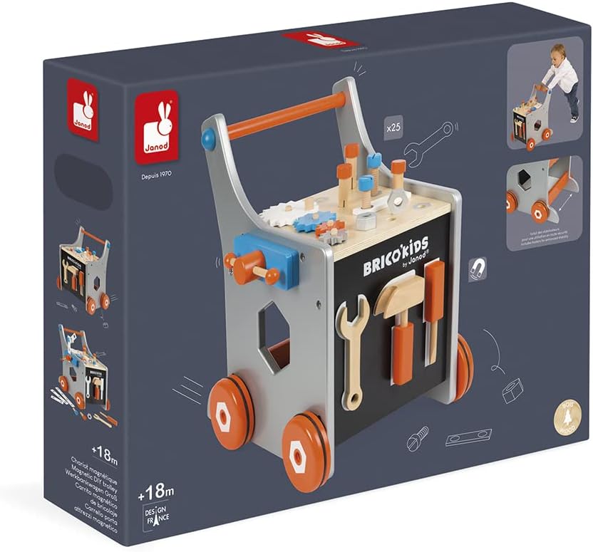 Janod - Brico'Kids Wooden Diy Trolley for Children - Magnetic - Pretend Play - 25 Tools and Accessor