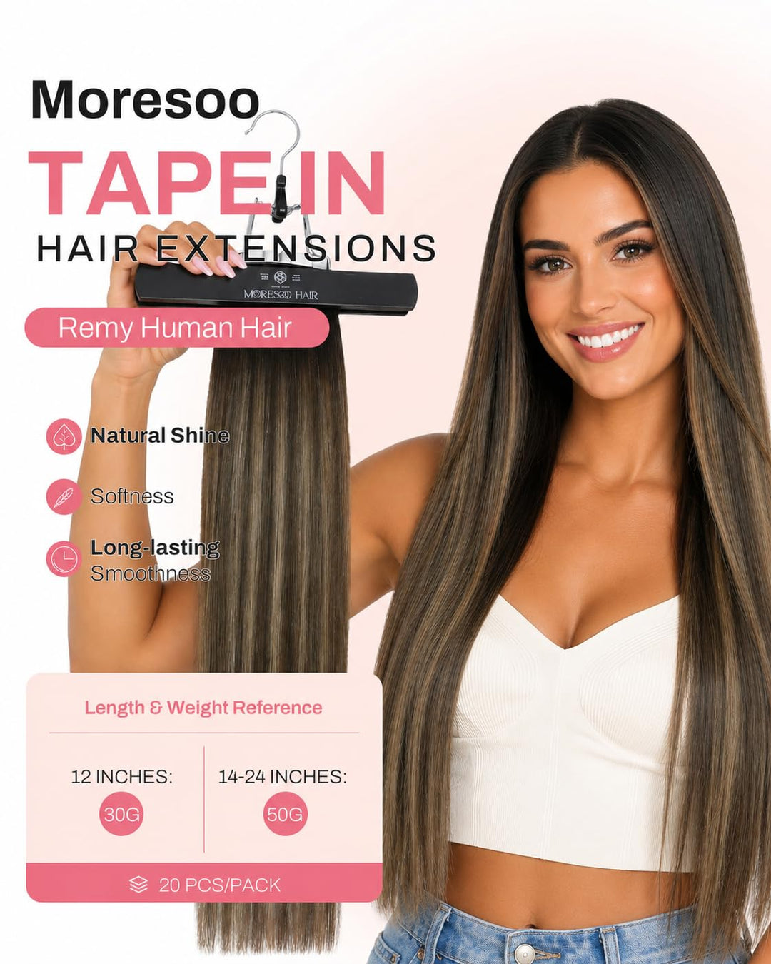Moresoo Tape in Extensions Echthaar Dunkelbraun Invisible Tape Extensions Haarverlängerung Echthaar
