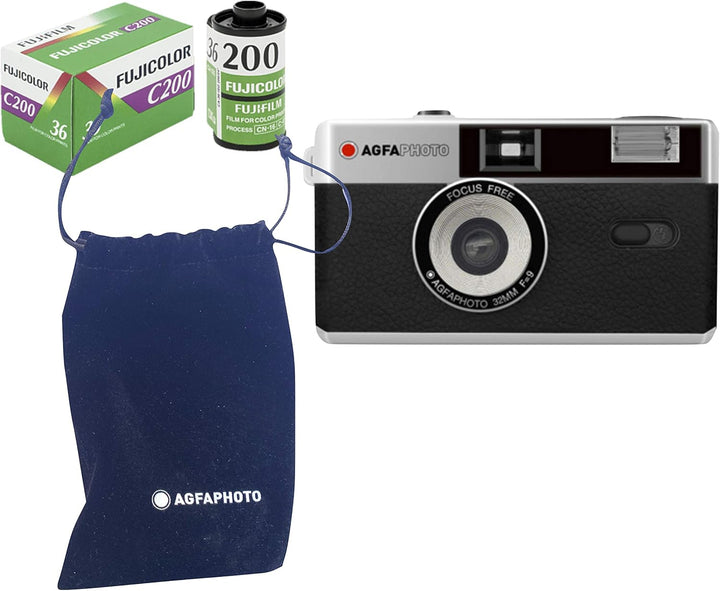AgfaPhoto analoge 35mm Kleinbildfilm Foto Kamera schwarz + Farb Bilder Film + Batterie schwarz Set F