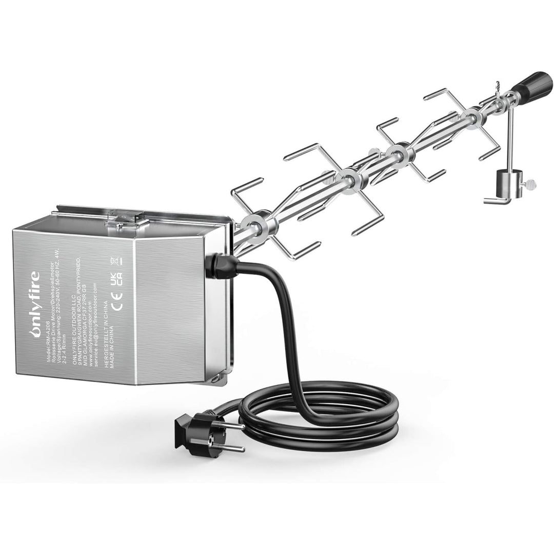Onlyfire Universal Grillspiess Set, 120 cm inkl. 4X Fleischnadeln und Edelstahl Motor, 220V - 240V,