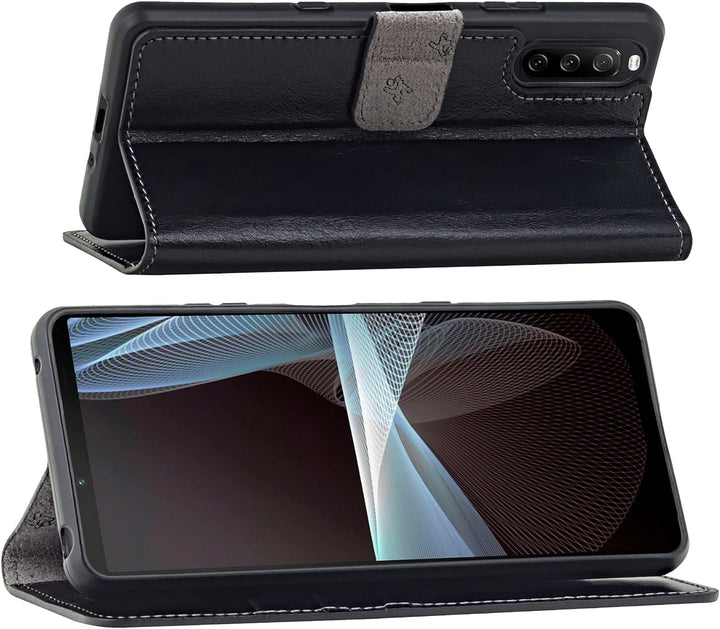 Suncase Book-Style Hülle kompatibel mit Sony Xperia 10 III 3 (2021) Leder Tasche (Slim-Fit) Lederhül