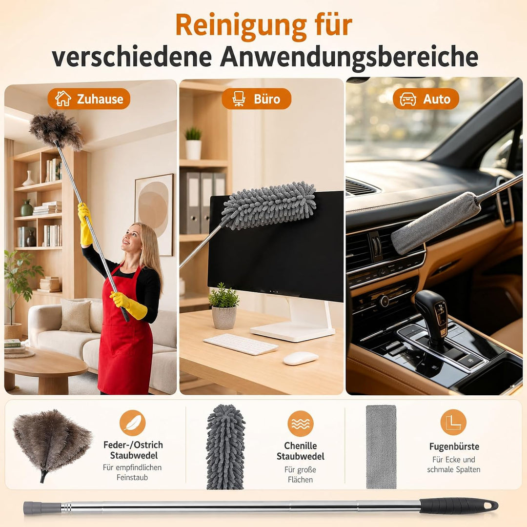 5 Teilig Staubwedel Teleskop Mikrofaser Reinigungsset, Staubwedel Straussenfedern, Biegbarer Chenile