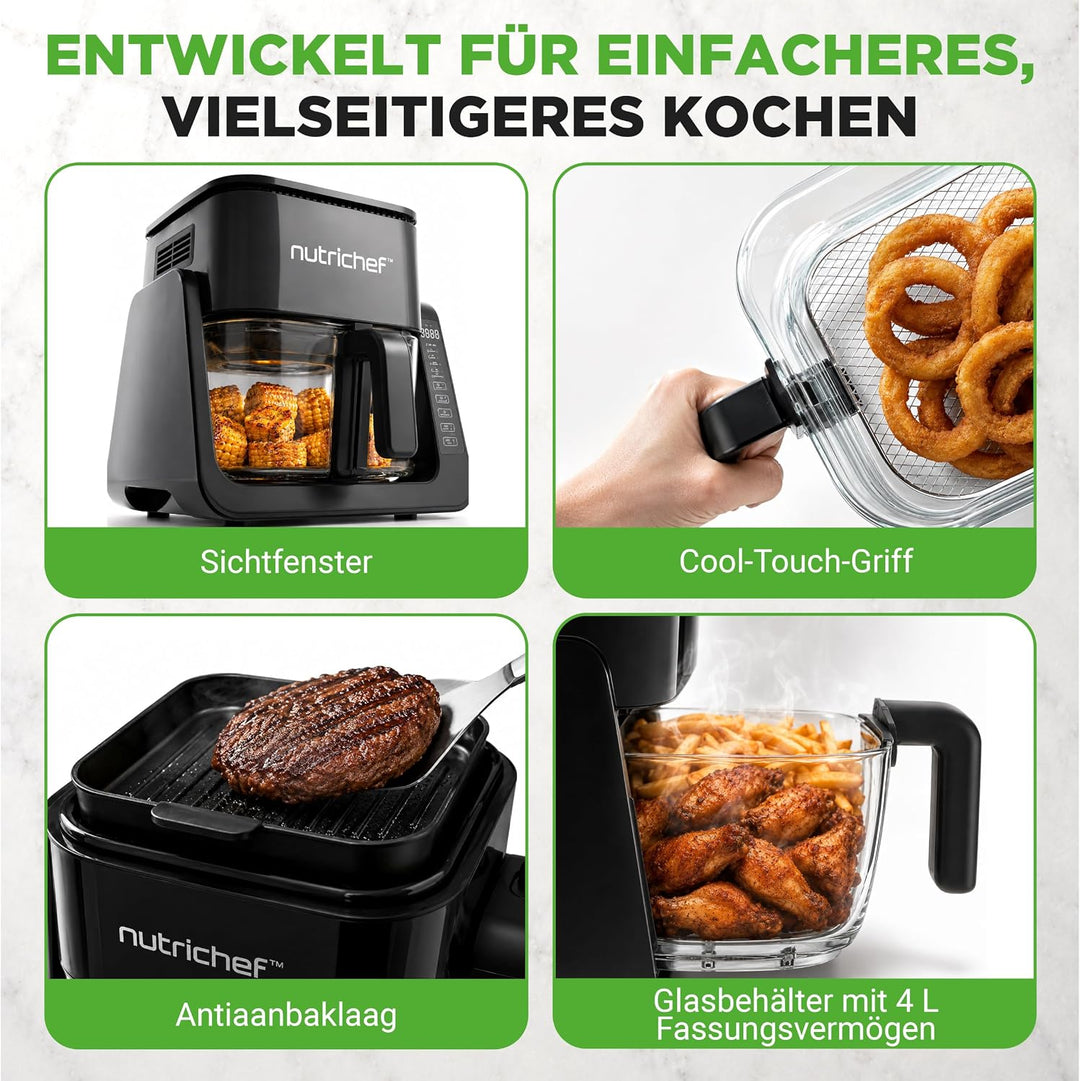 Nutrichef Heissluftfritteuse + Elektrogrill, 4L Airfryer mit Sichtfenster bis 360°C, 7 Programme, An