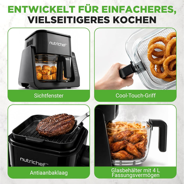 Nutrichef Heissluftfritteuse + Elektrogrill, 4L Airfryer mit Sichtfenster bis 360°C, 7 Programme, An