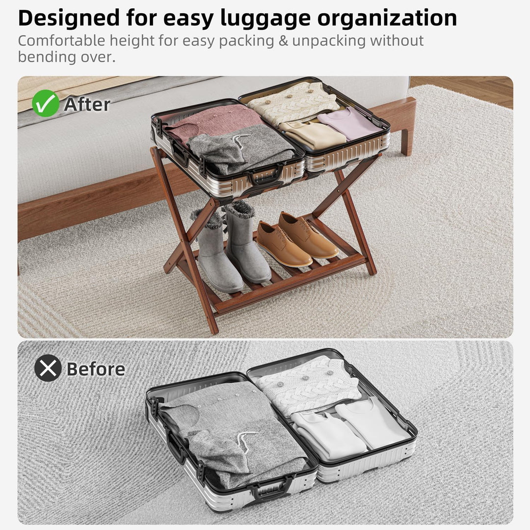 2er Set Bambus Gepäckablage für Gästezimmer, 26,77" Klappbarer Kofferständer mit Ablagefach, Verstär