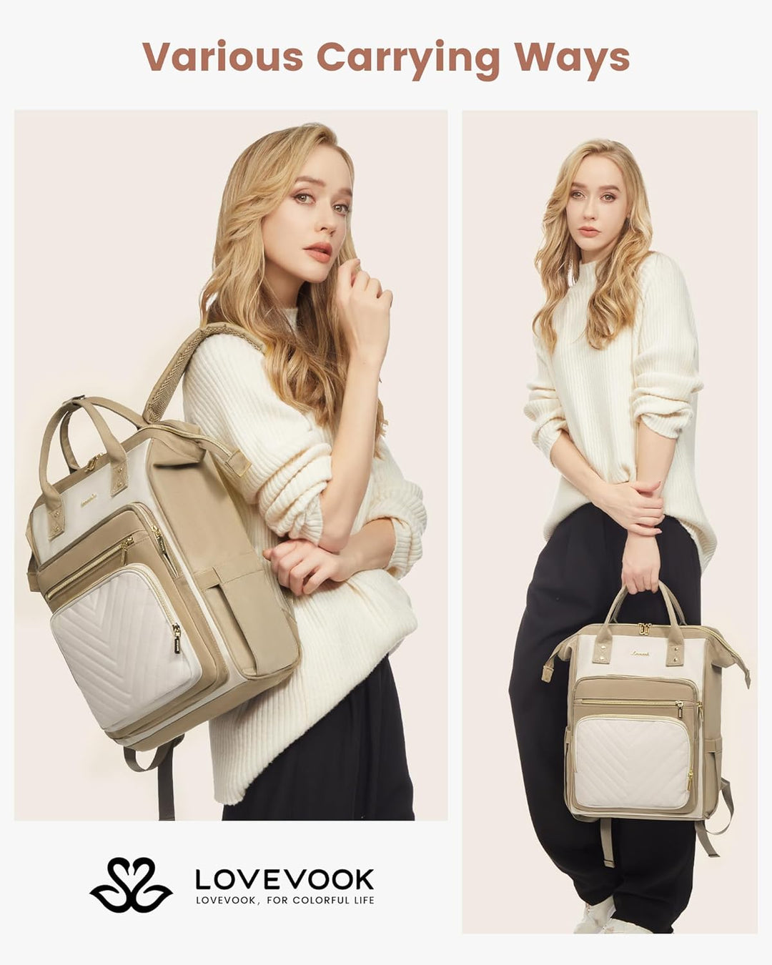 LOVEVOOK Rucksack Damen, 15,6 Zoll Laptop Schulrucksack Teenager Mädchen Wasserdicht, Elegant Reiser