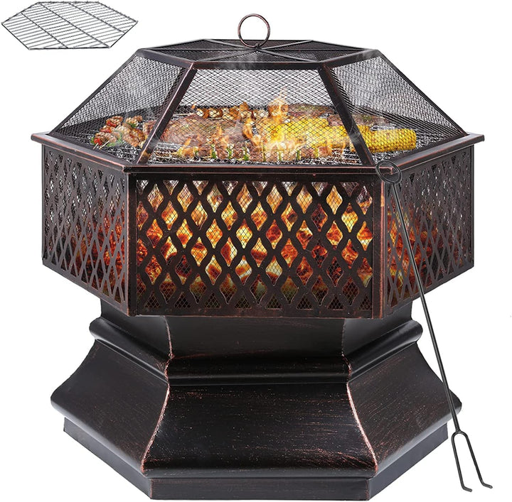 Feuerschale mit Grillrost, Feuerkorb mit Funkenschutz, Feuerschalen für den Garten, Sechseckige Feue