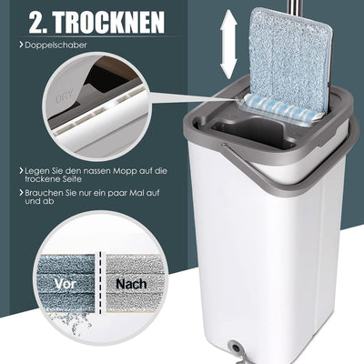 Myiosus Wischmopp Set mit Eimer, Putzeimer mit Wischmop, Bodenwischer mit Auswringfunktion, 10 Mikro