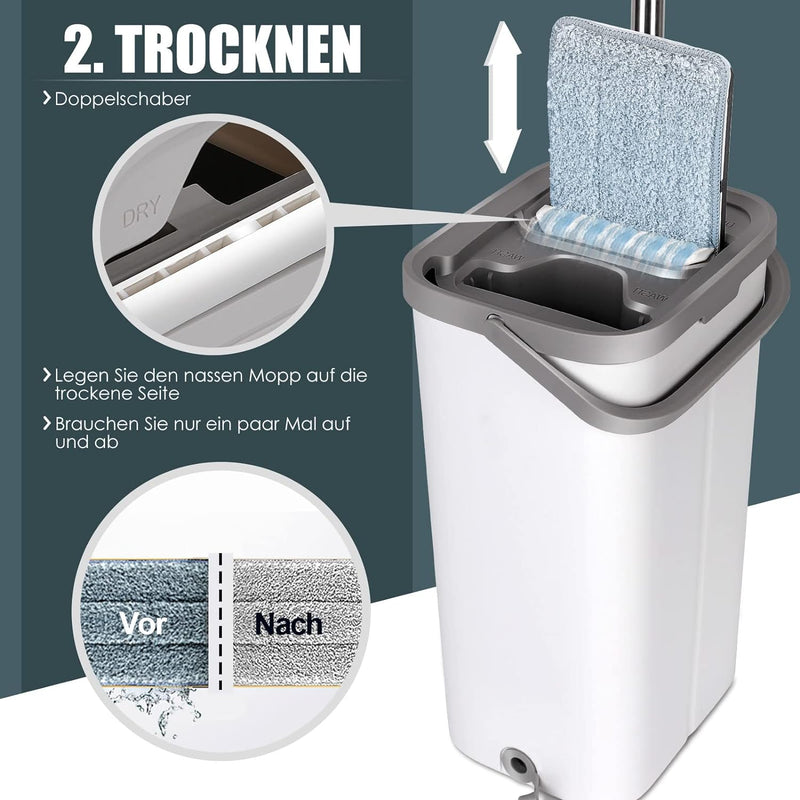 Myiosus Wischmopp Set mit Eimer, Putzeimer mit Wischmop, Bodenwischer mit Auswringfunktion, 10 Mikro