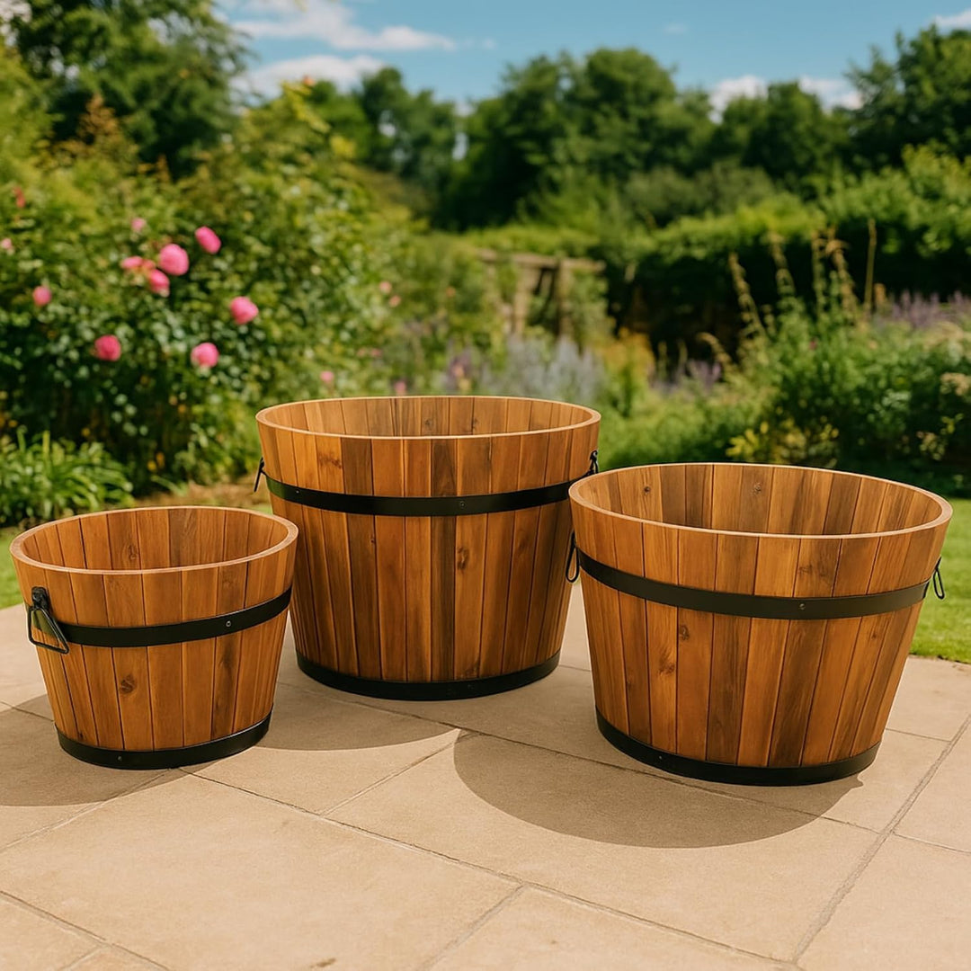 Set von 3 halbes Fass Holz Hartholz massiv rund Garden Blume Pflanzschalen Blumentöpfe