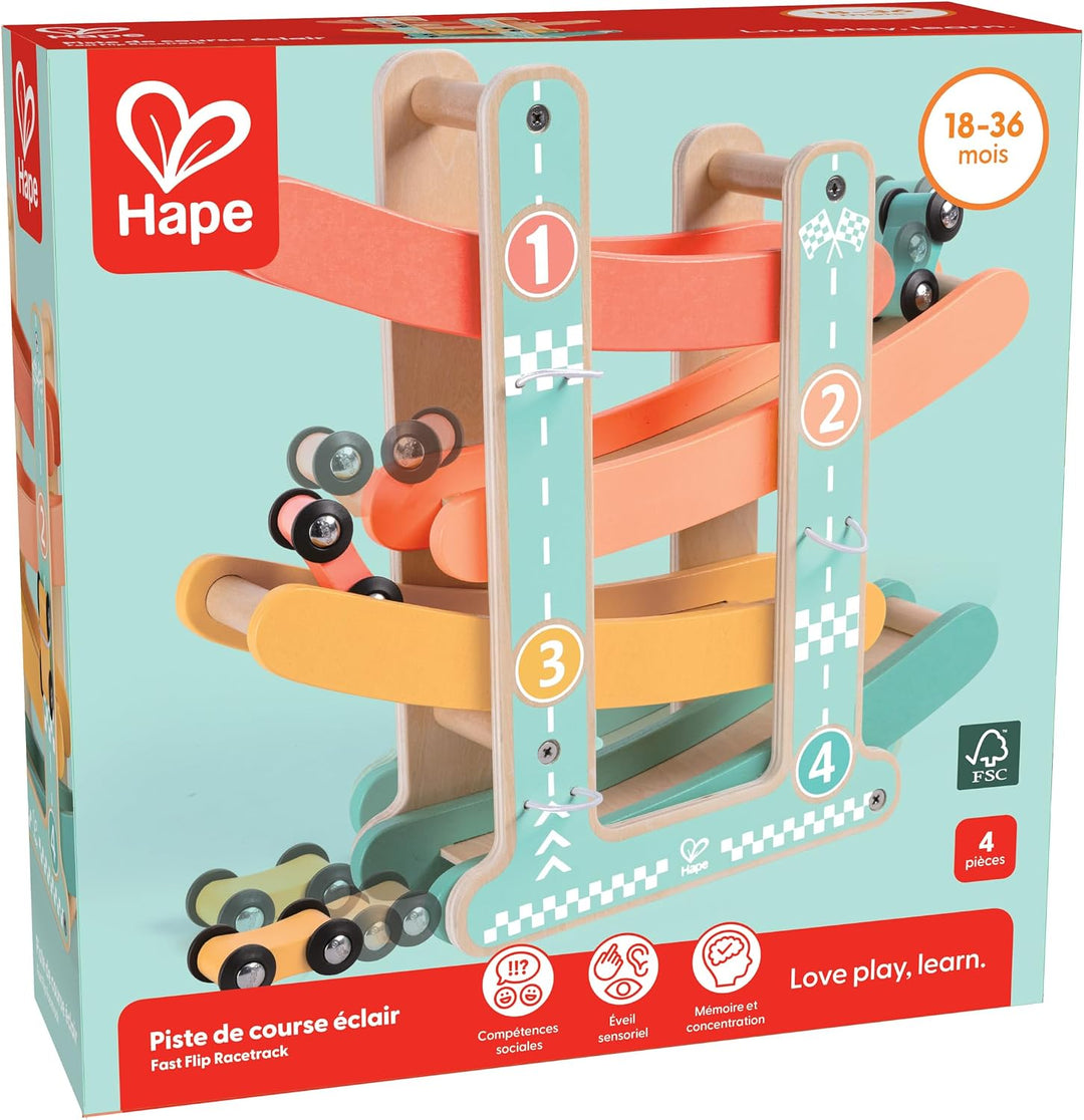 Hape Flickflack Rennbahn aus Holz mit 3 Autos –Limitierte Auflage – Montessori Motorikspielzeug &amp; Au