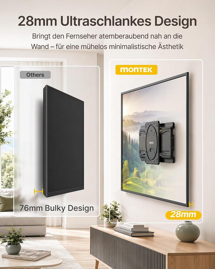 monTEK Ultra Slim TV Wandhalterung 23-43 Zoll bis 45kg, Max VESA 200x200mm | 1.1" Dünne, Ausziehbar,