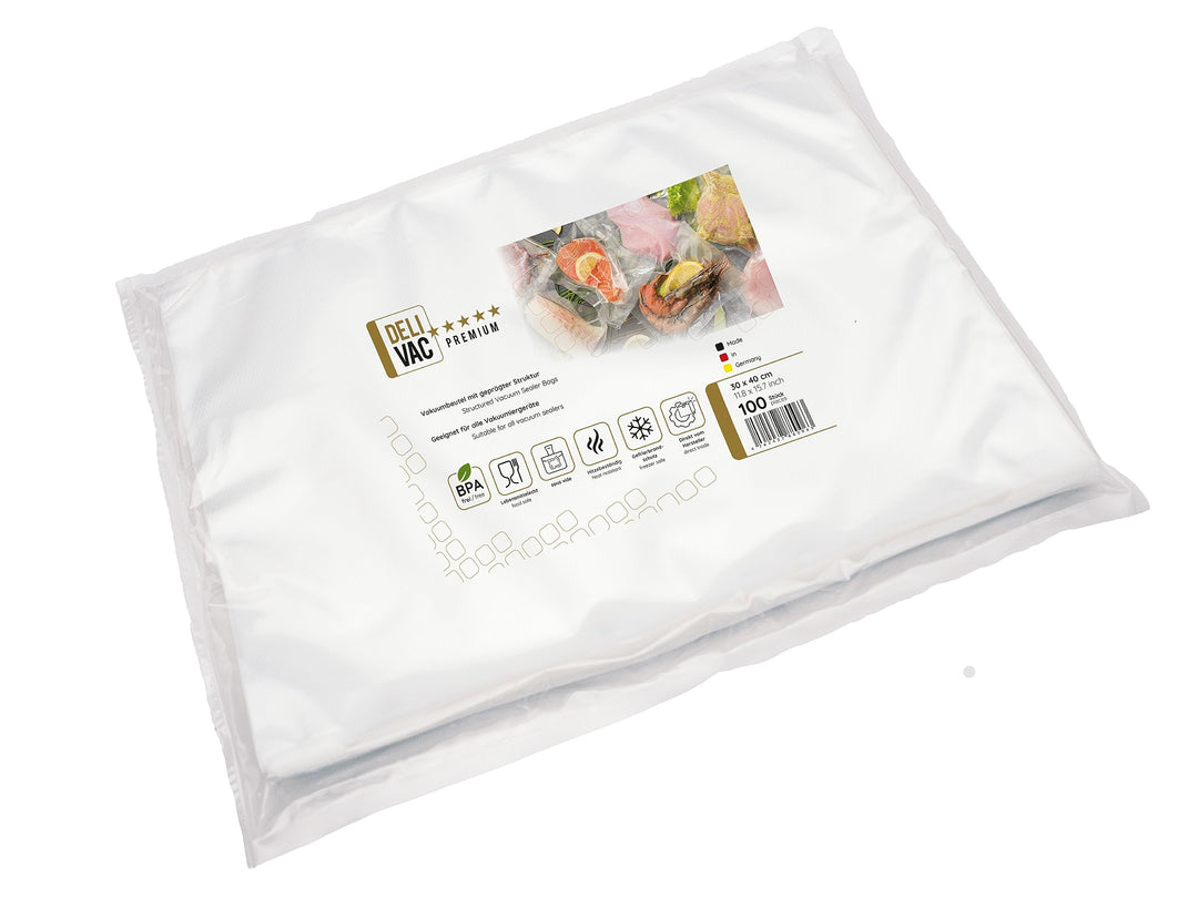 DeliVac Vakuumierbeutel - 100 Stück, 30x40cm, für alle Vakuumierer | geprägte Vakuumbeutel für Leben