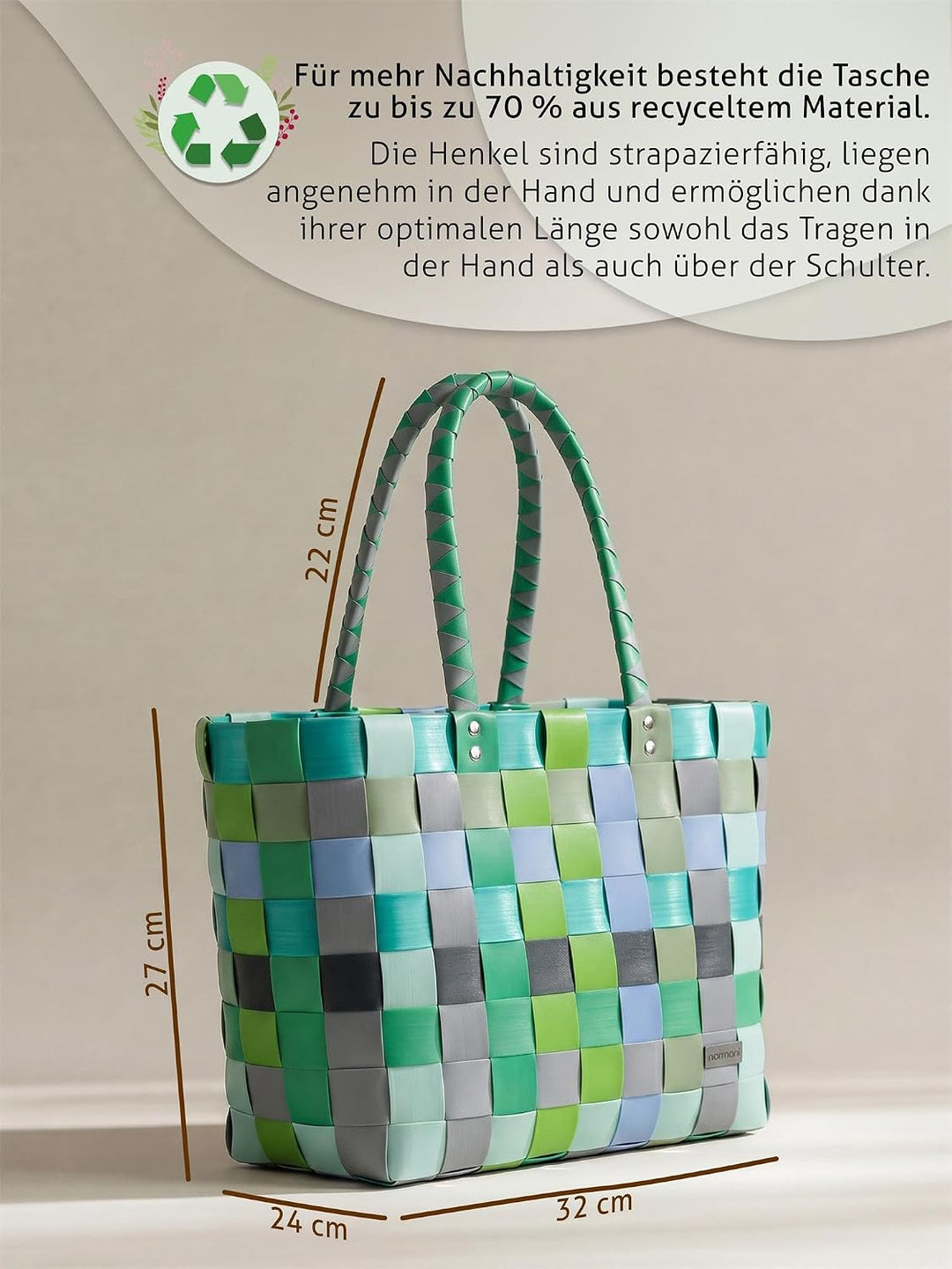 normani Einkaufstasche geflochten mit Henkeln - Tragetasche extra robust Farbe Classic/Raindrop Clas