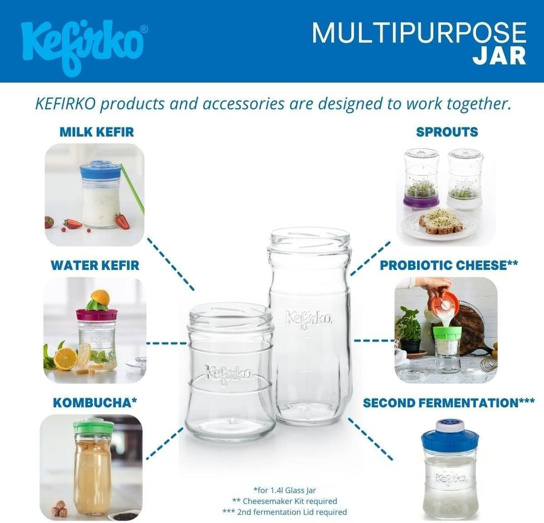 Kefirko Fermentations Set | Milch- und Wasserkefir | auch als Sprossenglas verwendbar - 1,4 Liter (B