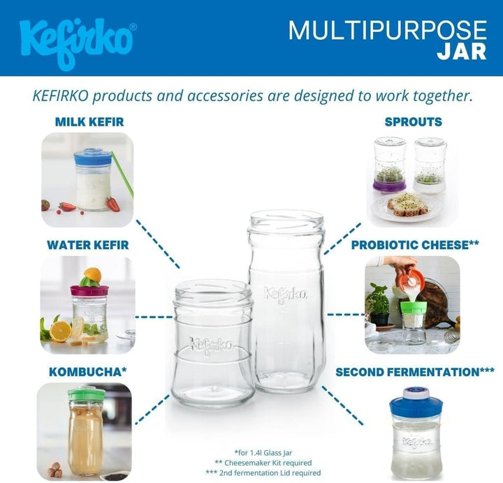 Kefirko Fermentations Set | Milch- und Wasserkefir | auch als Sprossenglas verwendbar - 1,4 Liter (B