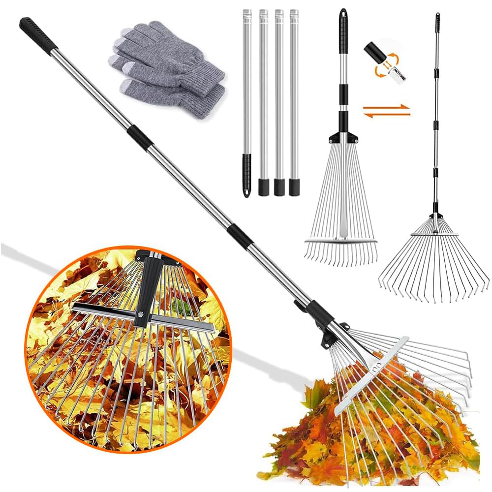 Verbreiterter Laubrechen 22-44cm,Gartenrechen mit 2.15M Verstellbare Metallstange und Handschuhe,Lau
