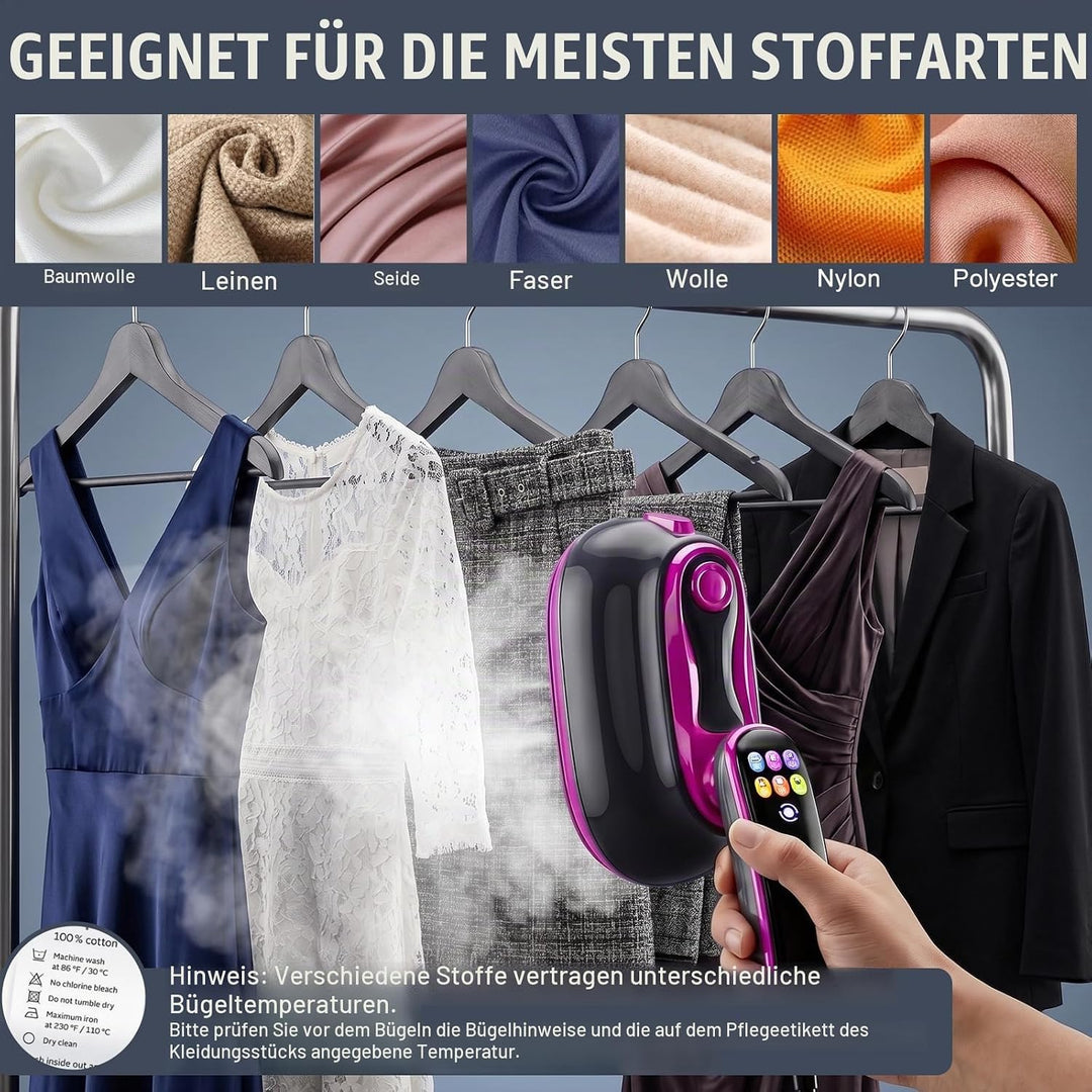 Dampfglätter 2 in 1, Handdampfglätter 1300 W, tragbar, Kleidung, Reisebügeleisen, Touchscreen, mehre