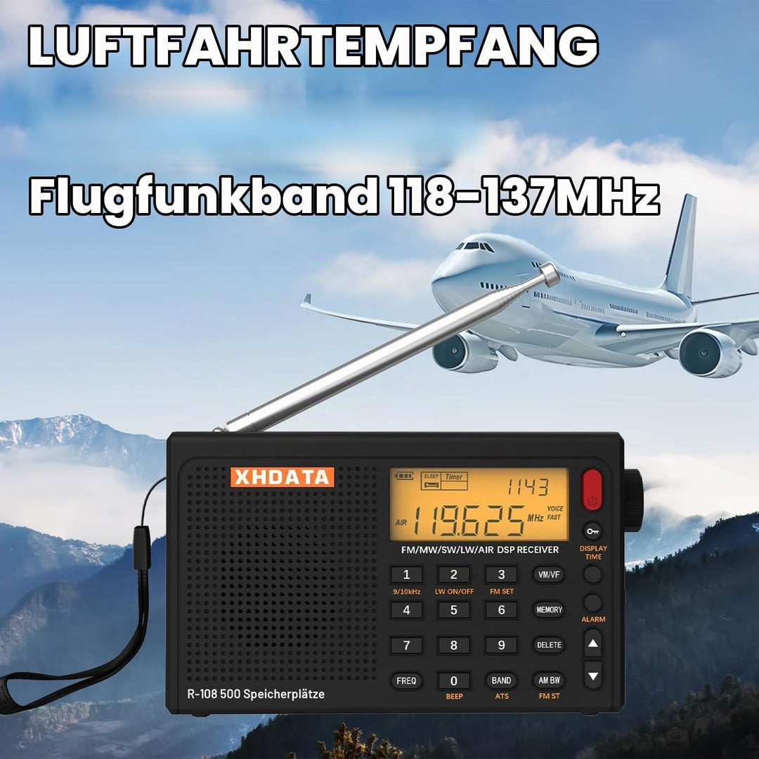 XHDATA R-108 Kleines Tragbare Radios Wiederaufladbares Batterieradio UKW FM AM SW Airband Radio welt