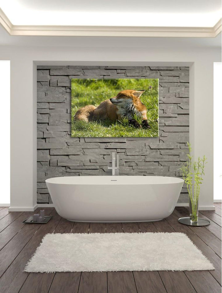 Kleiner Fuchs auf Wiese, Format: 100x70 auf Leinwand, XXL riesige Bilder fertig gerahmt mit Keilrahm
