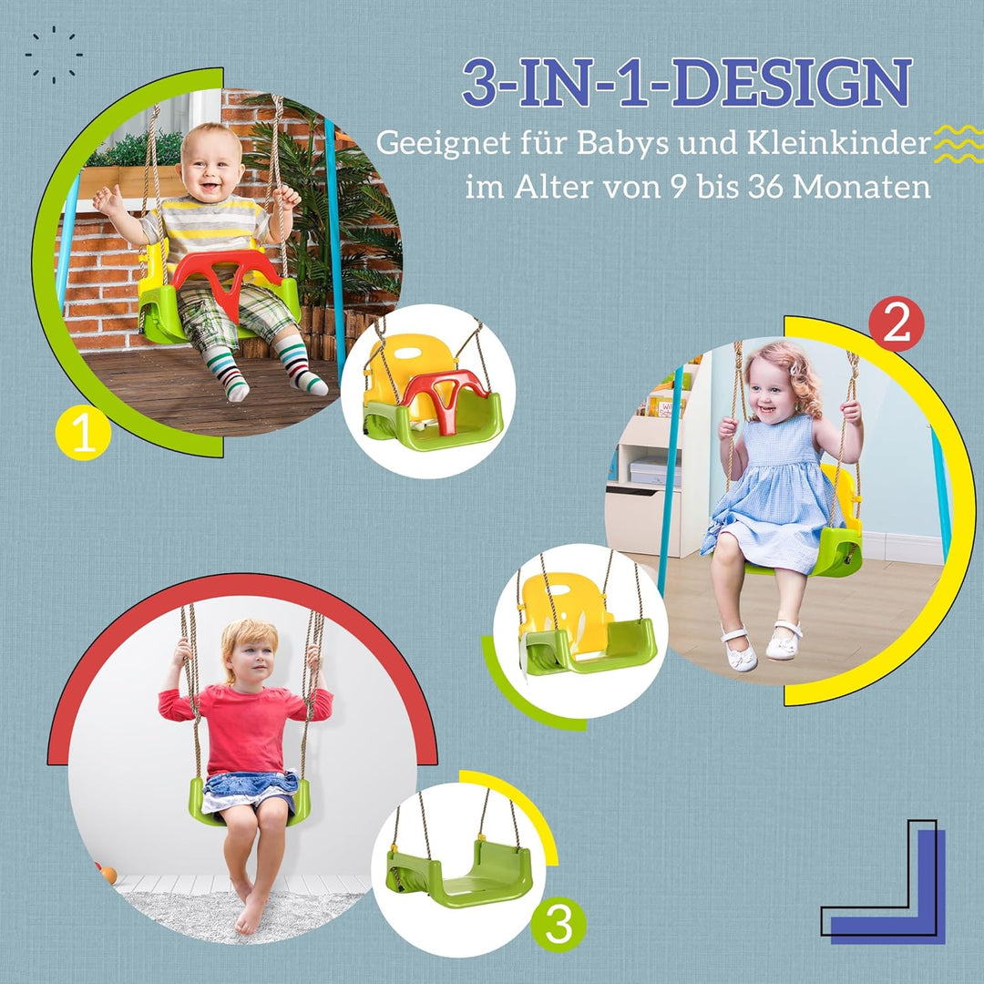 Outsunny Babyschaukel 3 in 1 Kinderschaukel Babysitz verstellbar Mitwachsend Schaukelsitz mit Rücken