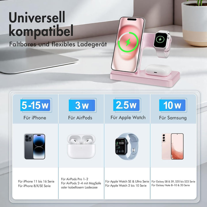 3 in 1 Ladestation Kabellos, 15W Induktive Schnellladegerät für iPhone A03 Rosa, A03 Rosa