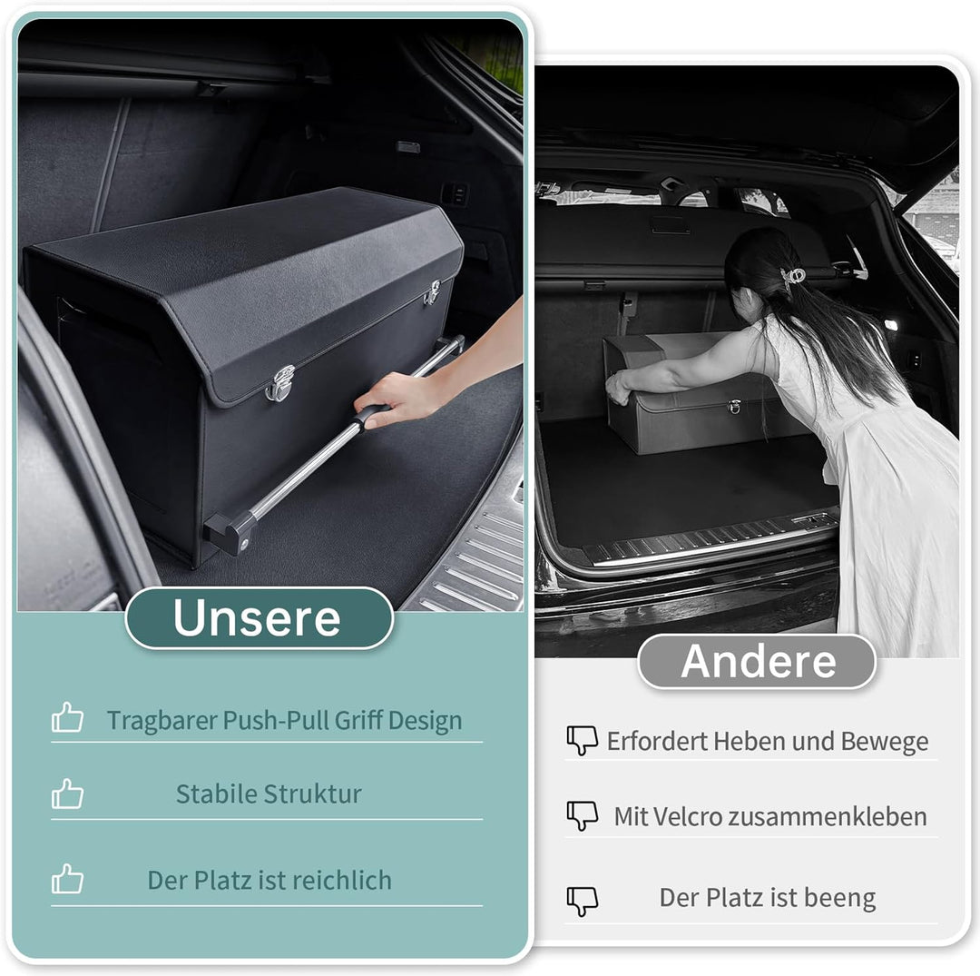 60L Premium Leder Auto Kofferraum Organizer mit Deckel - Stabiler Griffe & Metallschloss, Multifunkt