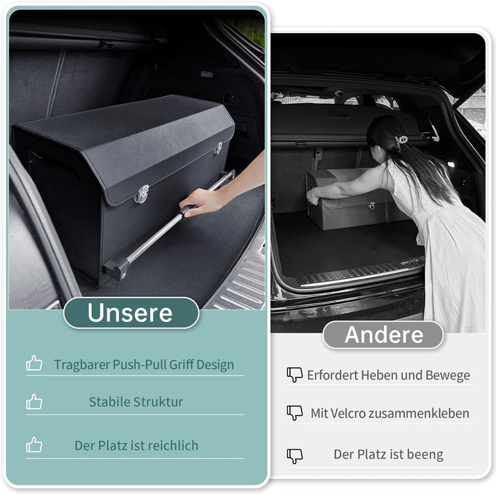 60L Premium Leder Auto Kofferraum Organizer mit Deckel - Stabiler Griffe & Metallschloss, Multifunkt