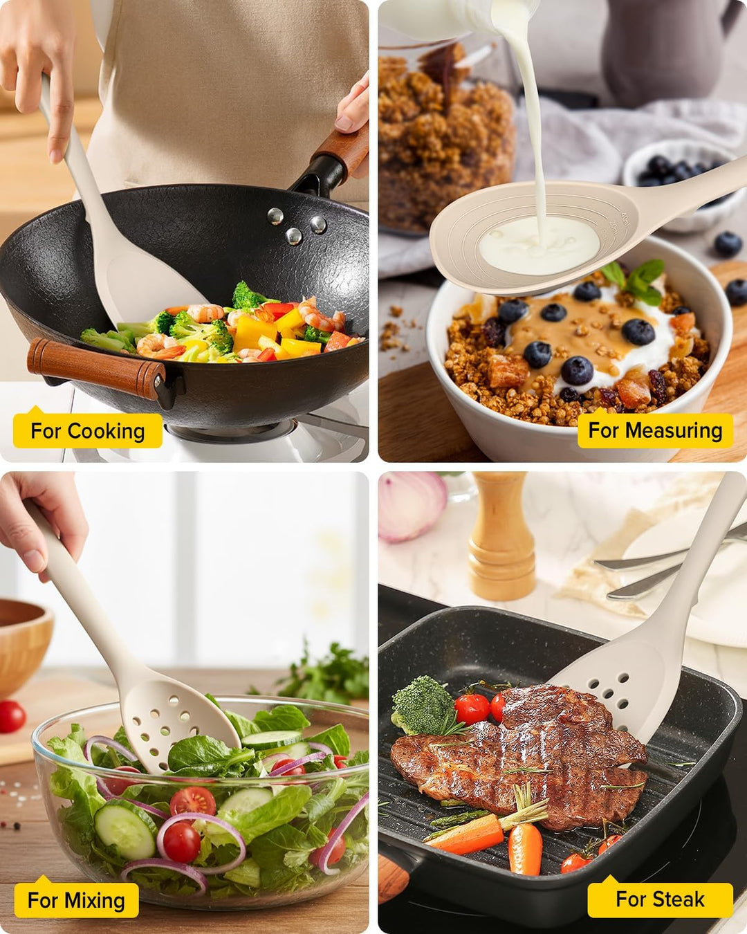 Packung von 4 Silikon Kochgeräte Set, Non-Stick-Festspalten und hitzebeständige Schlitzlöffel mit Rü