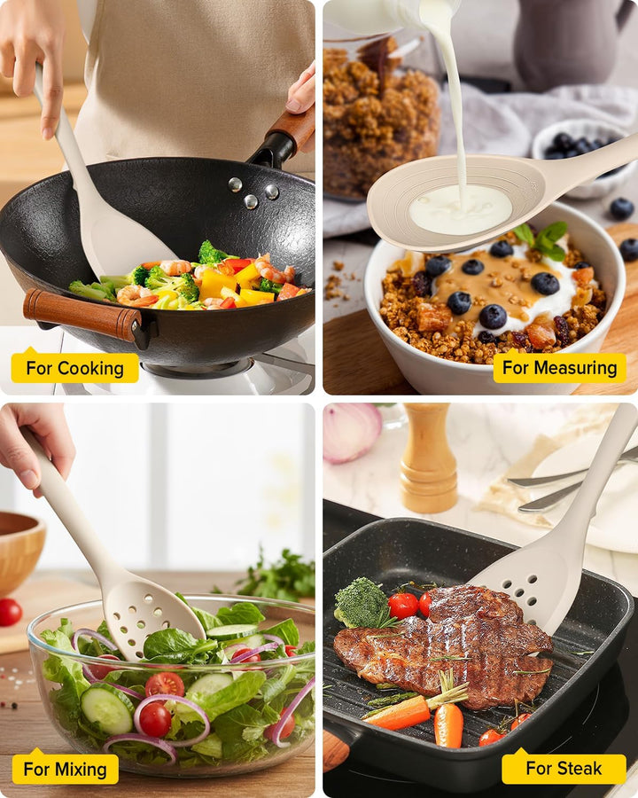 Packung von 4 Silikon Kochgeräte Set, Non-Stick-Festspalten und hitzebeständige Schlitzlöffel mit Rü