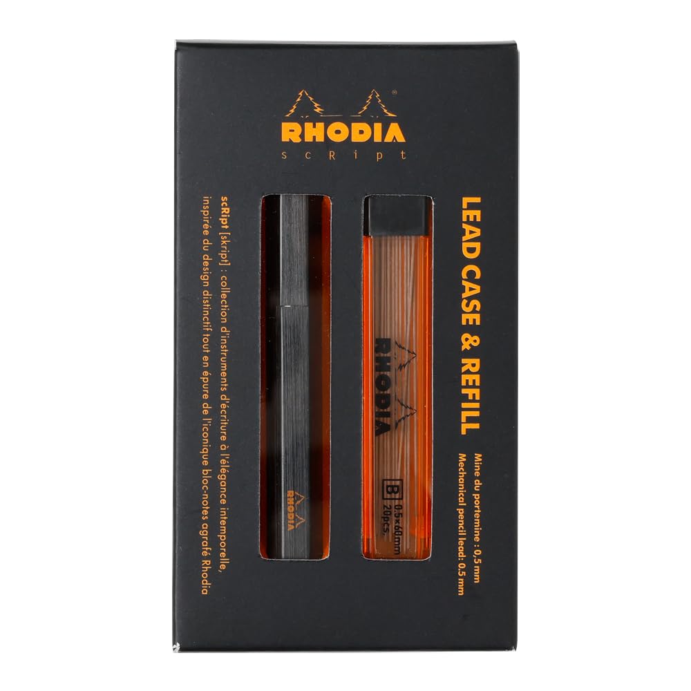 Rhodia 9358C - Etui & Ersatzminen 0,5 mm zum Nachfüllen, für Druckbleistifte Rhodia scRipt, Schwarz