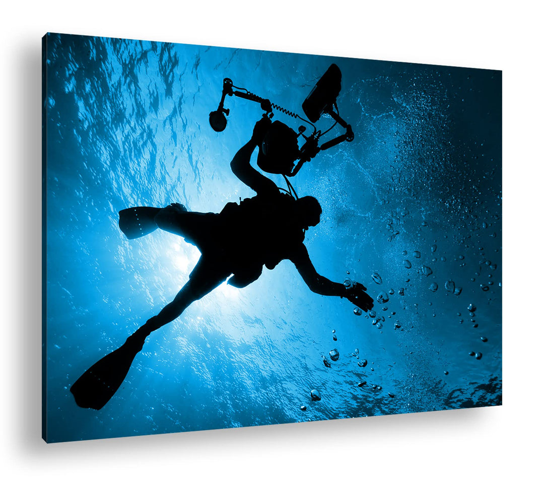 deyoli Taucher im tiefen Ozean Format 80x60 Effekt: Monocrome Blau als Leinwandbild, Motiv fertig ge