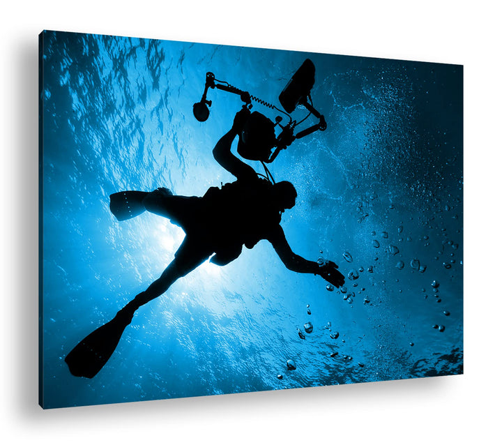 deyoli Taucher im tiefen Ozean Format 80x60 Effekt: Monocrome Blau als Leinwandbild, Motiv fertig ge