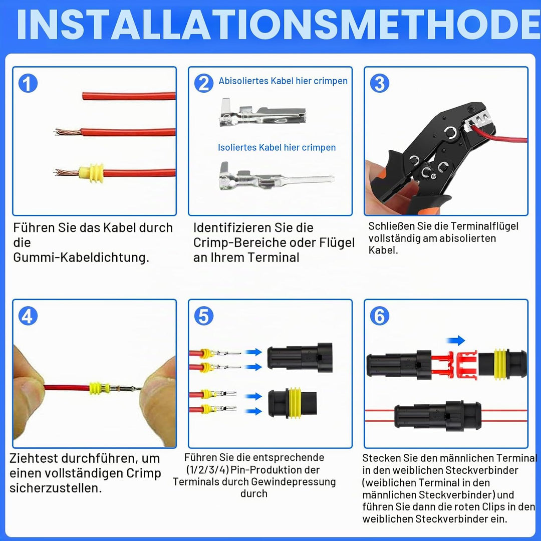 731 Stück Crimpzange Wasserdicht Kfz Stecker Set, Crimpzange(0.5-2.5mm²), mit 1/2/3/4 Pin Kabelsteck