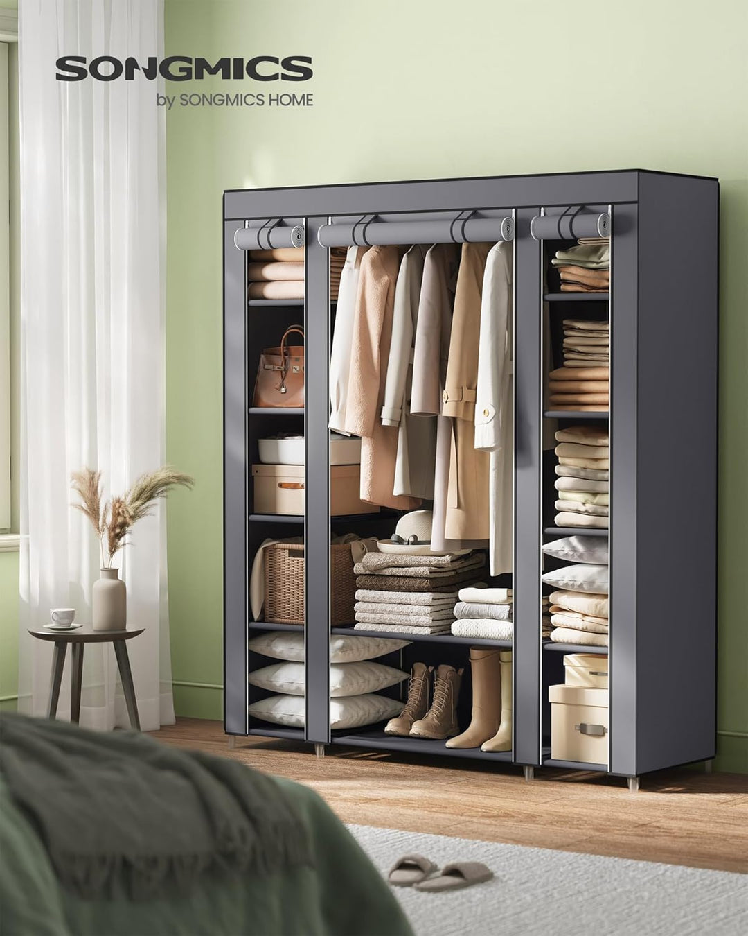 SONGMICS Kleiderschrank, Stoffschrank, 12 mit Kleiderstange und Ablagen, Stabiler Schrank, für Schla