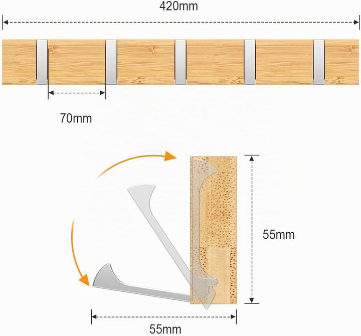 Anjuer Garderobenständer, Wandmontage, Kleiderständer, 5 Haken, einziehbar, robust, Huthalter, Bambu